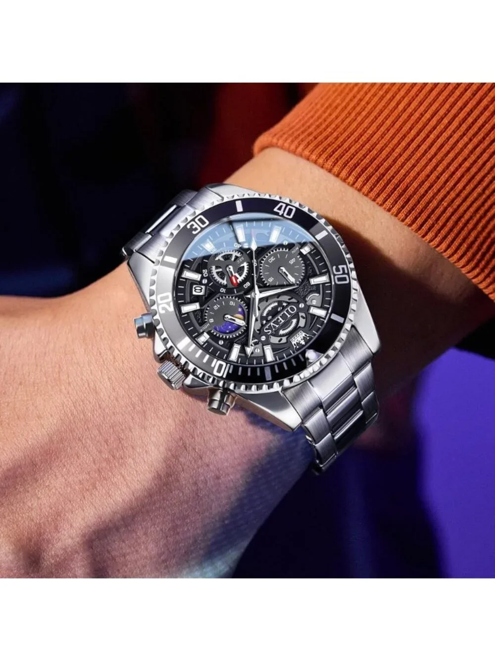 Men's Silver-Black Stainless Steel Waterproof Business Date Dress Wrist Watch